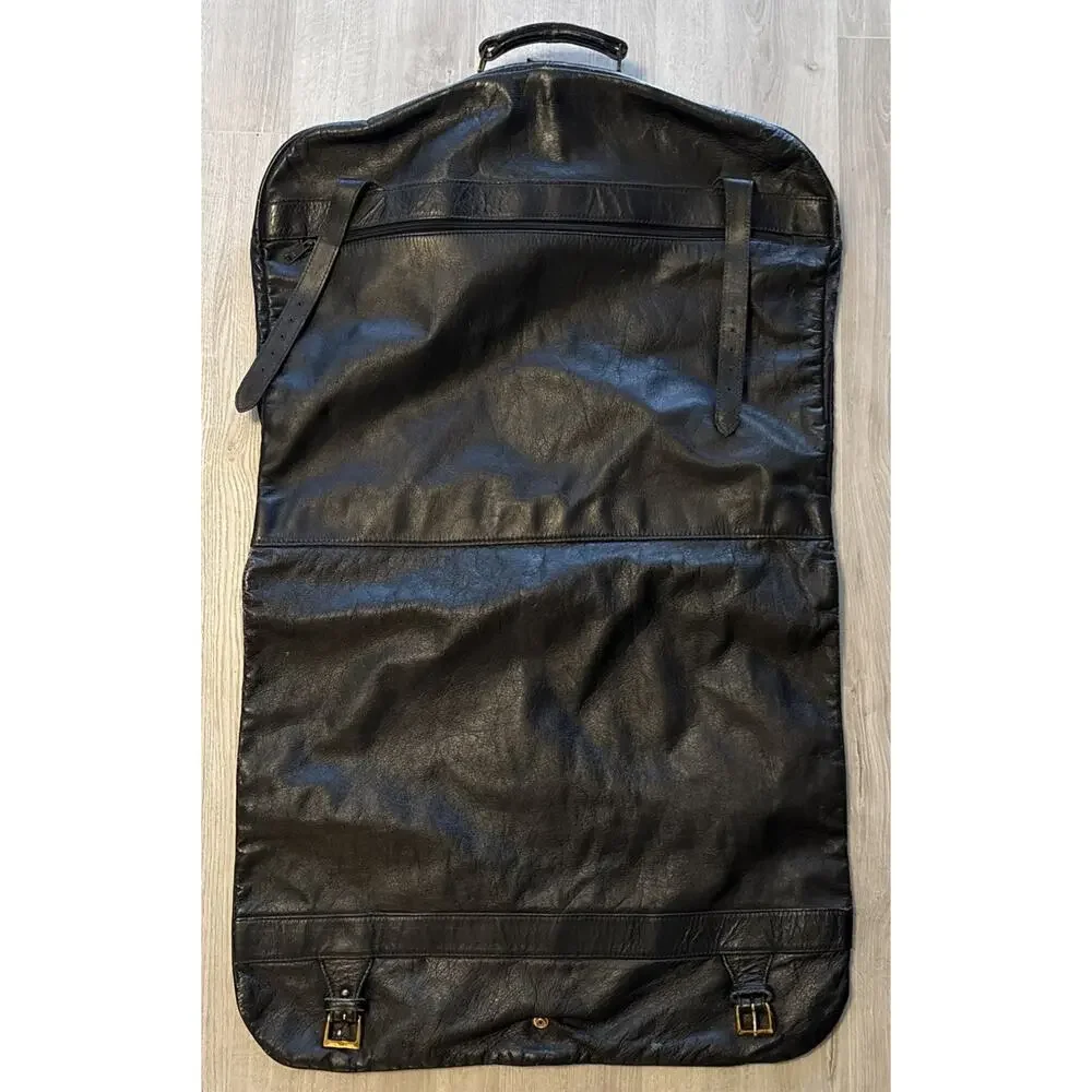 Vintage Black Leather Garment Bag Japanese Foldable Buckles 38” Long